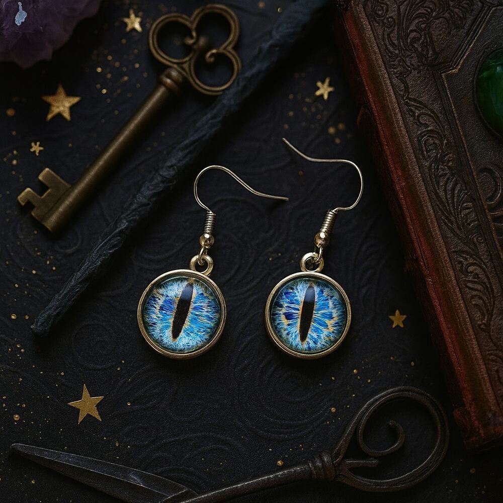 Mystic Blue Cat Eye Dangle Earrings – Handmade Fantasy Jewelry